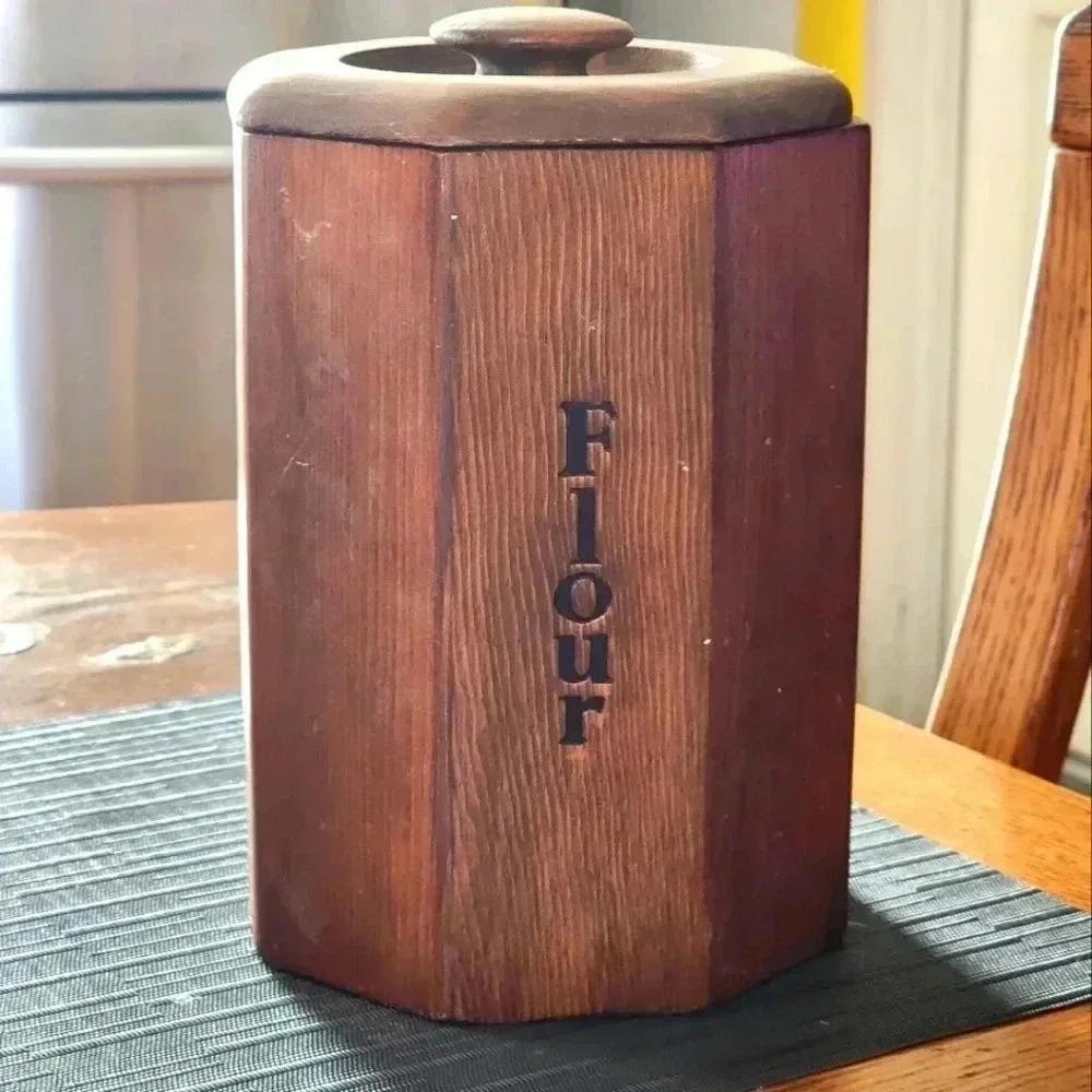 Vtg MCM Wooden Kitchen 1 of 4 Canister Kitchen Food Storage Teak Octagon